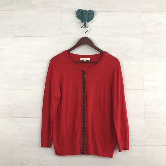 Ellen Tracy Sweaters - Ellen Tracy Red Jeweled Crew Neck Cardigan